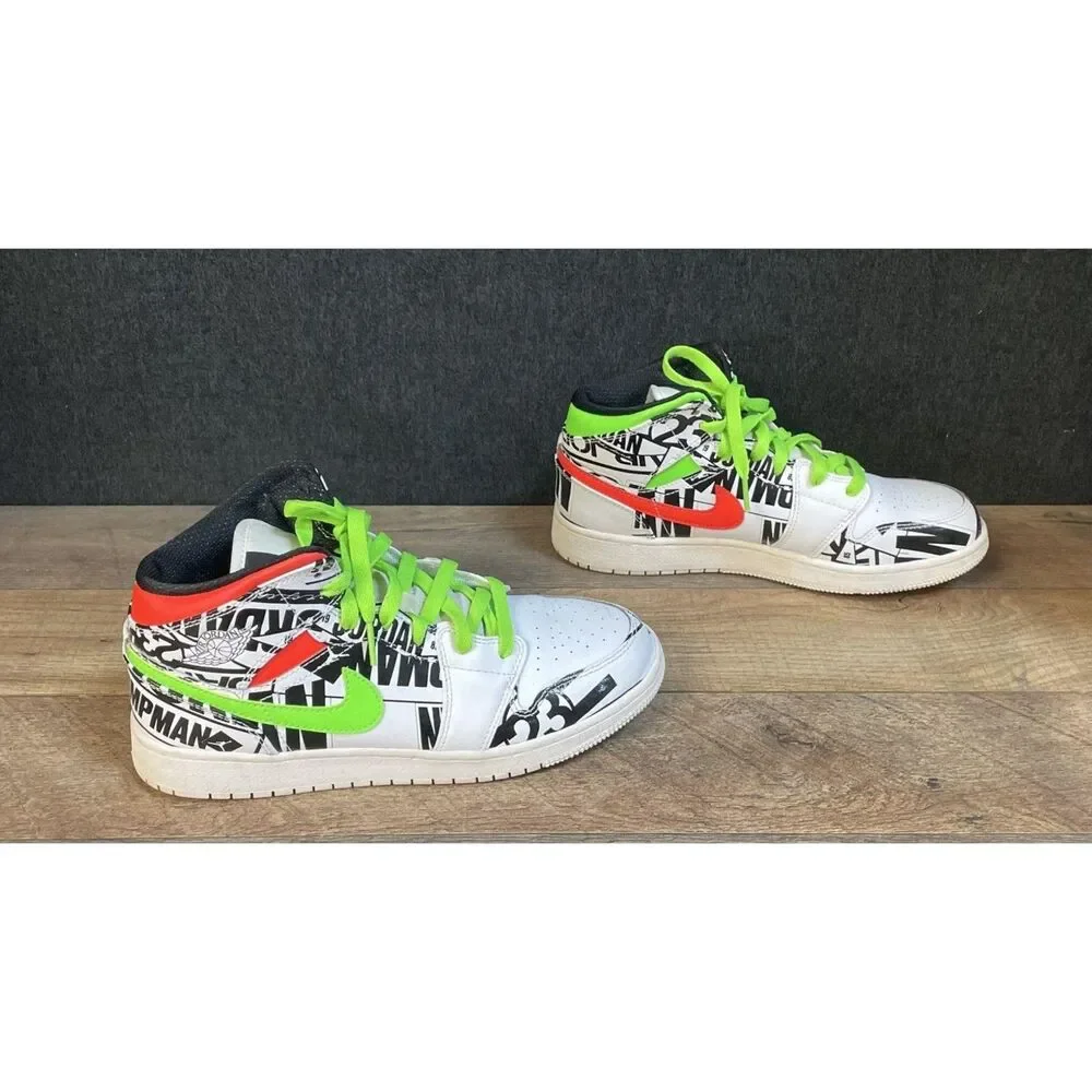 Nike Air Jordan 1 Mid GS Graphic Print White Volt Red Size 7Y 554725-143